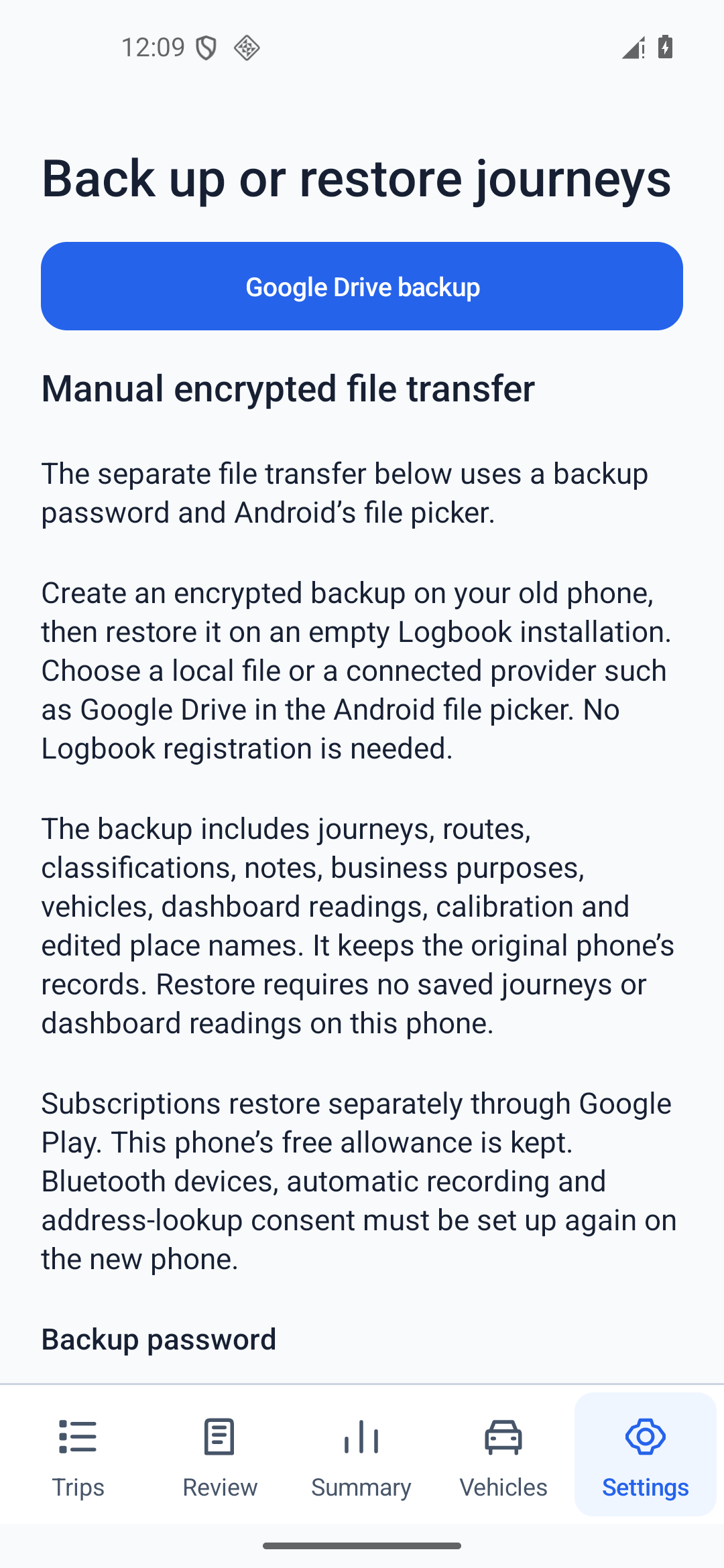 Encrypted file backup and restore screen with empty backup-password fields and file-transfer instructions.