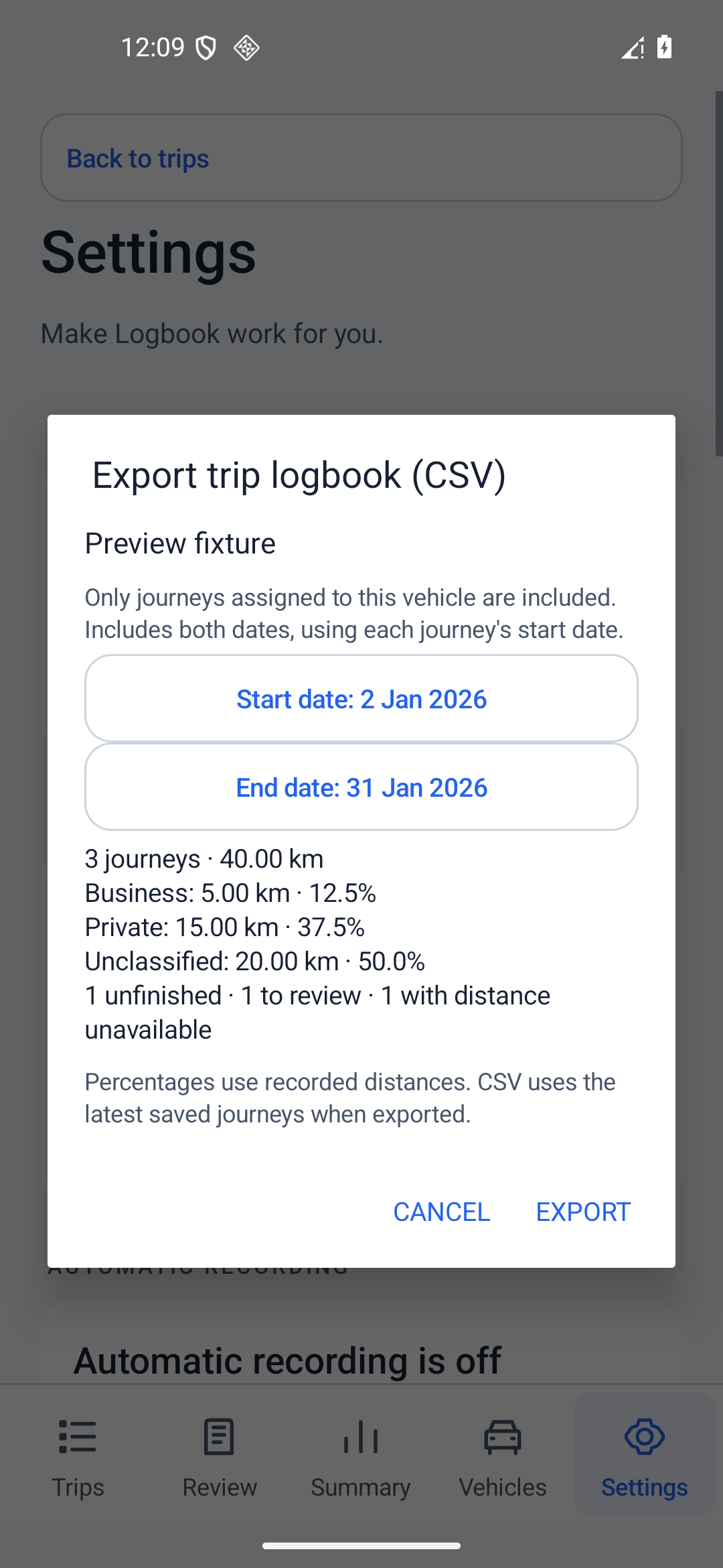 CSV export dialog showing vehicle, date range and calculated preview for synthetic sample journeys.