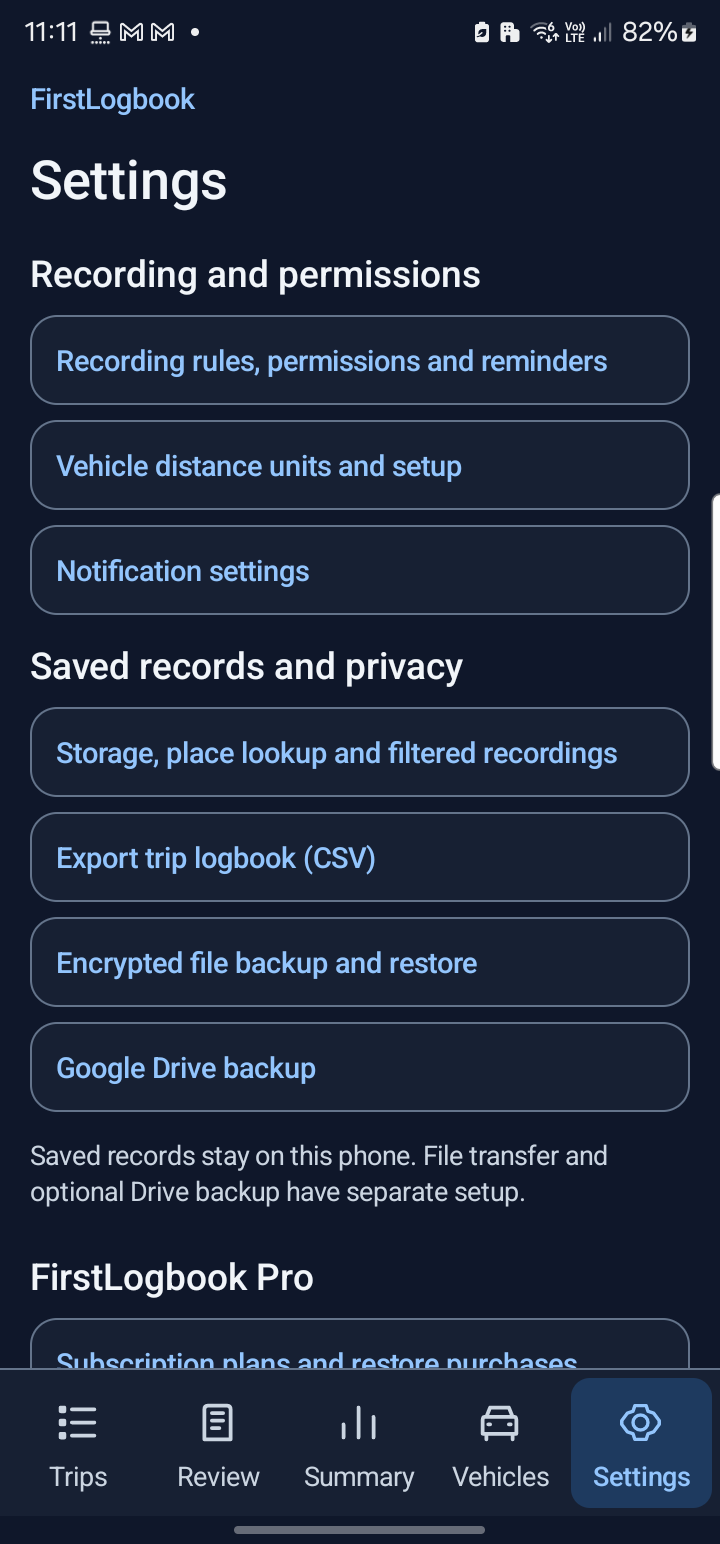 Settings tab captured from the current FirstLogbook app on a Samsung phone in dark theme.