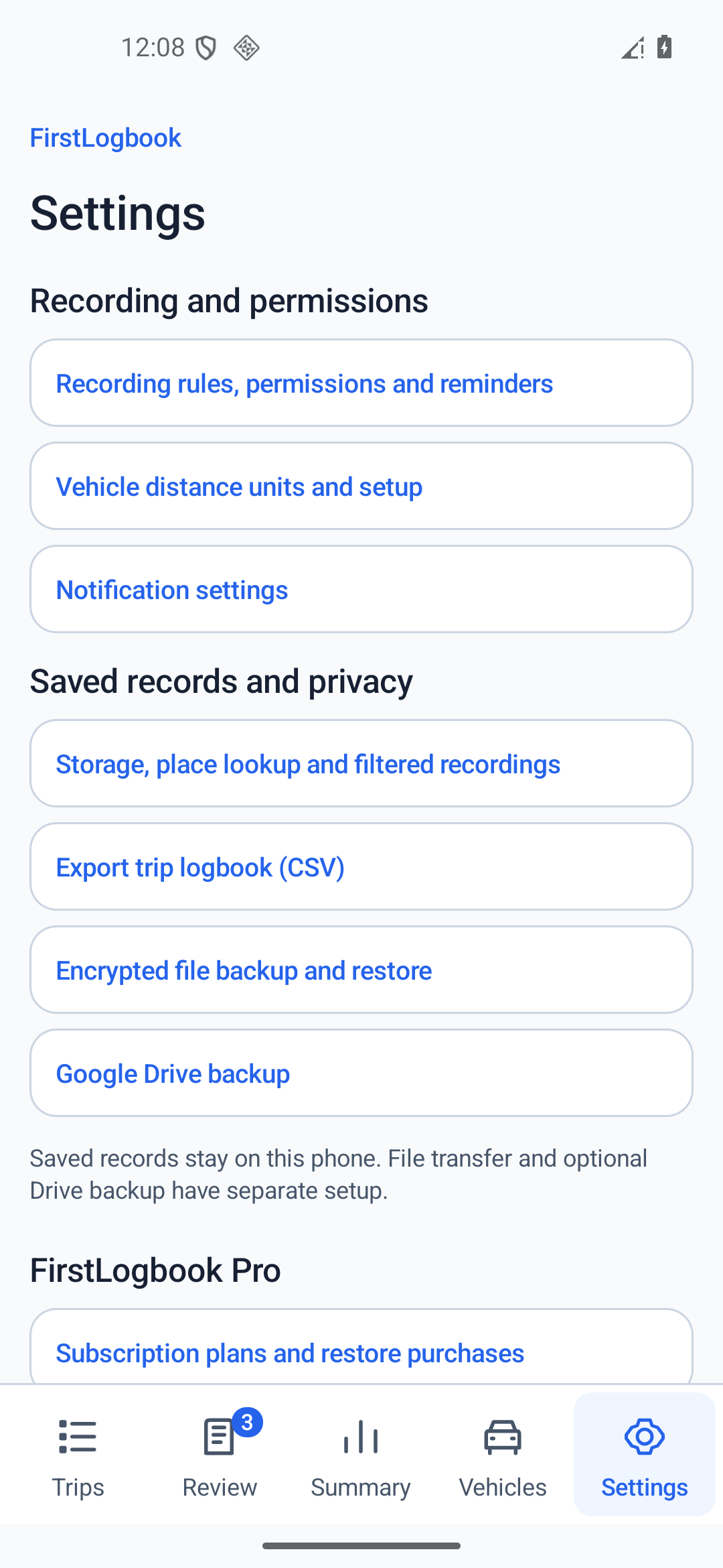 Settings tab with routes to recording permissions, backups, exports and subscription controls.