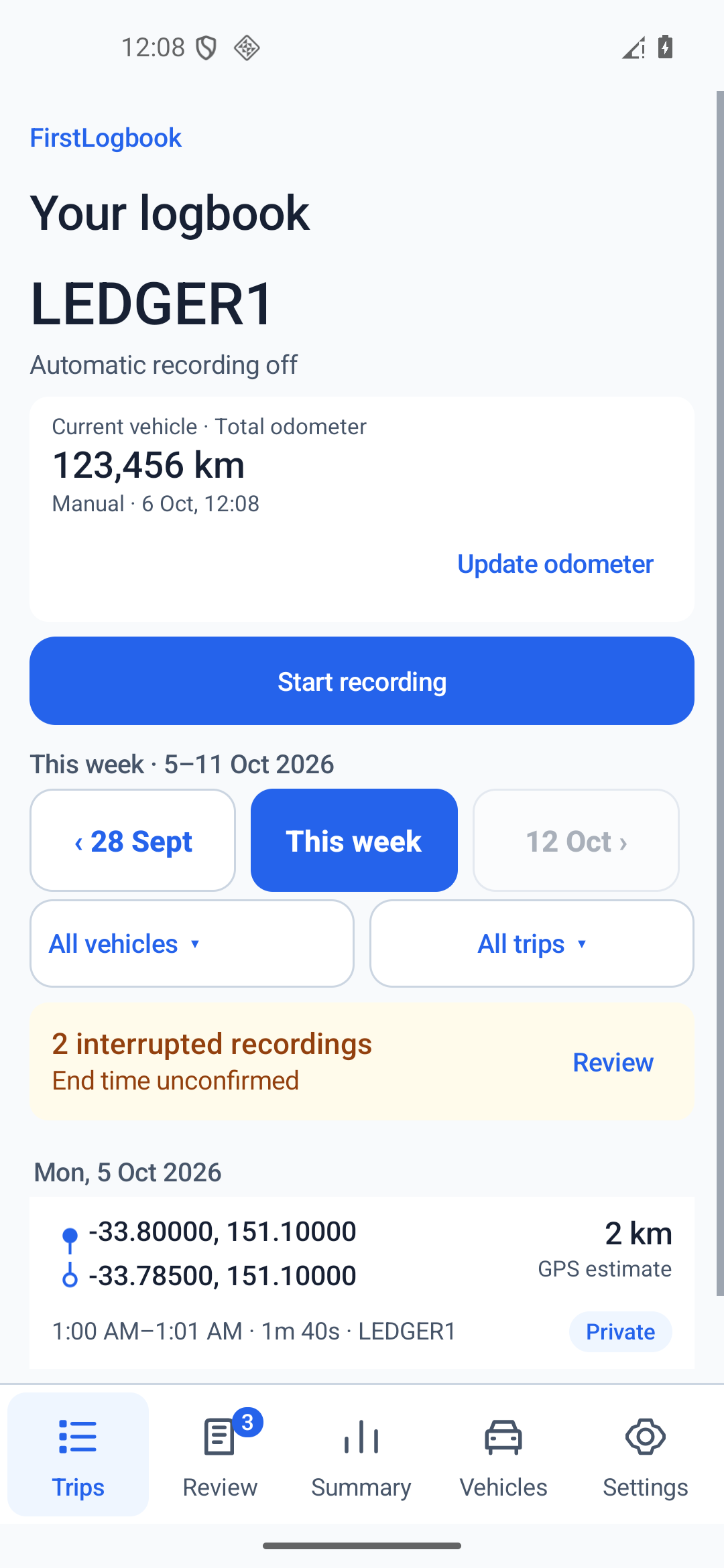Trips tab with weekly synthetic journeys and the current vehicle dashboard total.