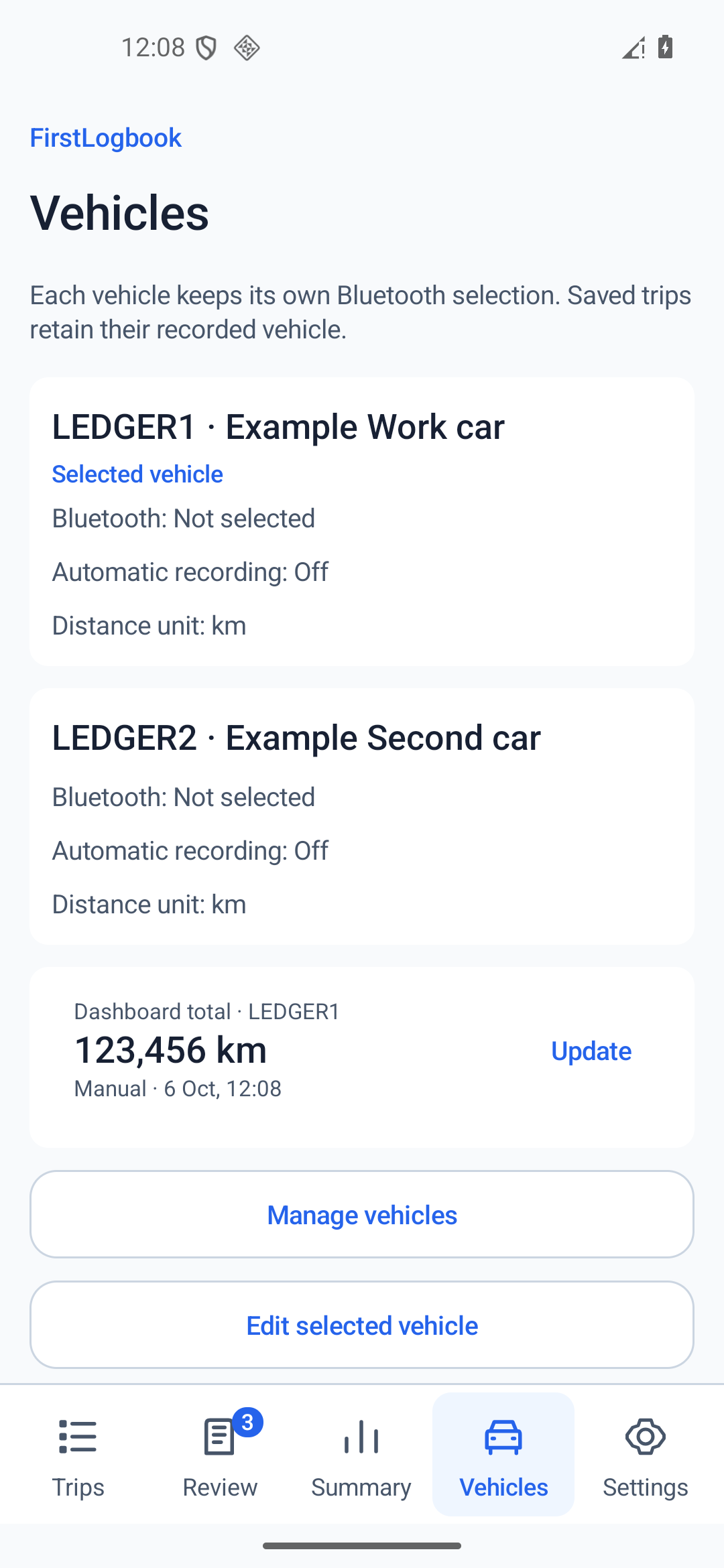 Vehicles tab displaying synthetic vehicle profiles, fixed units and setup controls.
